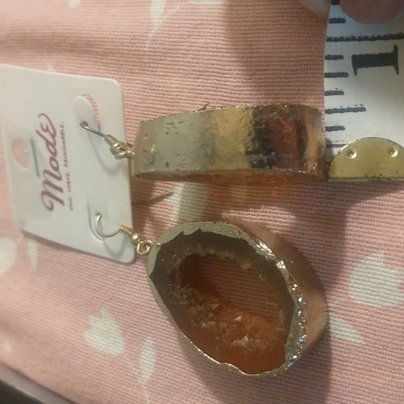 MODE Druzy Geode Sliced +Hallowed Citrine Drop Earrings Encased Gold-tone Enamel - Picture 10 of 10